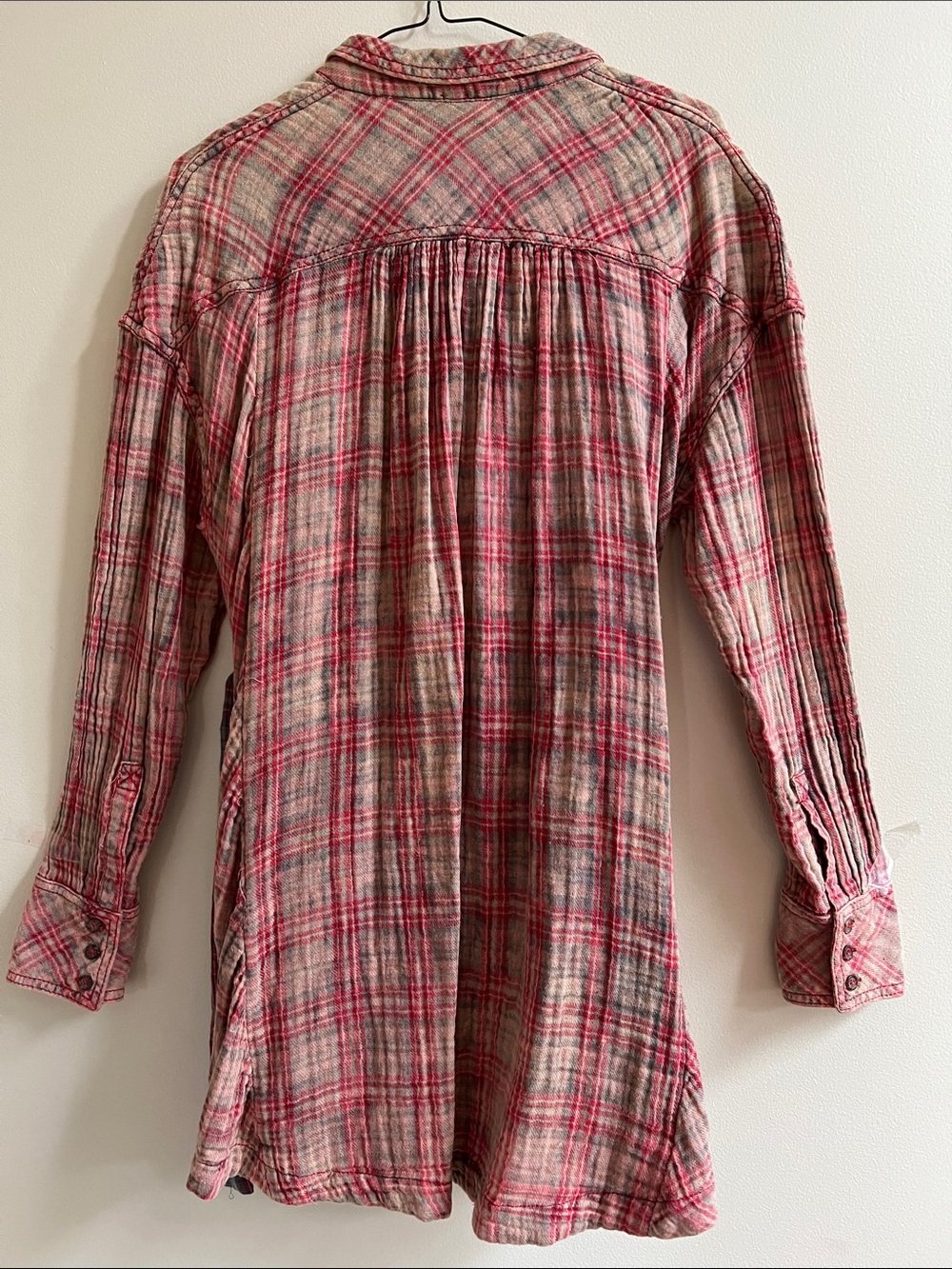 Free People Nordic Day Red Pink Plaid button down Long sleeve Plaid Shirt LaceUp - Picture 8 of 14
